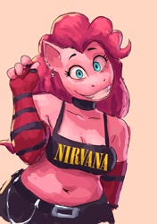 Size: 1441x2048 | Tagged: safe, artist:redustheriotact, imported from derpibooru, pinkie pie, anthro, earth pony, belly button, breasts, busty pinkie pie, choker, cleavage, clothes, ear piercing, earring, female, gloves, grin, jewelry, looking at you, mare, midriff, orange background, piercing, plump, simple background, smiling, smiling at you, solo, striped gloves