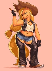 Size: 1500x2048 | Tagged: safe, artist:redustheriotact, imported from derpibooru, applejack, anthro, earth pony, plantigrade anthro, belly button, boots, breasts, busty applejack, chaps, cleavage, clothes, cowboy boots, daisy dukes, female, leather, leather vest, mare, midriff, pink background, plump, shoes, shorts, simple background, smiling, solo, spurs, vest