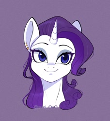 Size: 1679x1846 | Tagged: safe, artist:tomi_ouo, imported from derpibooru, rarity, unicorn, bust, ear piercing, earring, jewelry, piercing, portrait, purple background, simple background, sternocleidomastoid