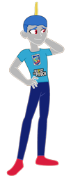 Size: 708x1743 | Tagged: safe, artist:smbros, imported from derpibooru, oc, oc only, oc:capri sun boy, human, equestria girls, blue hair, caprisun, clothes, drink, drinking straw, hat, humanized, juice, pouch, red shoes, shirt, simple background, solo, t-shirt, transparent background