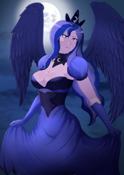 Size: 2894x4093 | Tagged: safe, artist:symptom99, imported from derpibooru, princess luna, human, absolute cleavage, alicorn humanization, big breasts, breasts, busty princess luna, cleavage, clothes, crown, dress, female, gown, high res, horned humanization, humanized, jewelry, looking at you, regalia, solo, strapless, winged humanization, wings