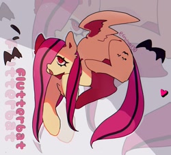 Size: 1851x1683 | Tagged: safe, artist:emoboy130, imported from derpibooru, fluttershy, bat, bat pony, pony, bat ponified, emoshy, female, flutterbat, hair over one eye, heart, looking up, mare, name, open mouth, partially open wings, race swap, wings, zoom layer