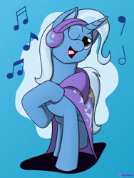 Size: 1500x1995 | Tagged: safe, artist:passionpanther, imported from derpibooru, trixie, pony, unicorn, series:ponies with headphones, blue background, cape, clothes, headphones, music notes, one eye closed, open mouth, open smile, simple background, smiling, solo, trixie's cape, wink