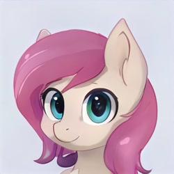 Size: 1024x1024 | Tagged: safe, imported from derpibooru, pony, ai content, ai generated, blue eyes, bust, ear fluff, female, generator:thisponydoesnotexist, mare, pink mane, simple background, solo