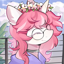 Size: 2500x2500 | Tagged: safe, artist:猞塔, imported from derpibooru, oc, oc only, oc:glittering snow, pony, unicorn, bust, choker, cute, eyes closed, female, floral head wreath, flower, glasses, smiling, solo