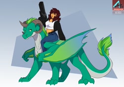 Size: 1100x778 | Tagged: safe, artist:arctic-fox, imported from derpibooru, oc, oc only, oc:wireless fuzz, dragon, human, clothes, denim, dragon oc, duo, female, gradient background, humanized, humans riding dragons, jacket, jeans, midriff, non-pony oc, pants