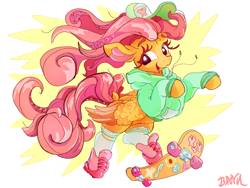 Size: 3200x2400 | Tagged: safe, artist:br0via, imported from derpibooru, fluttershy, pegasus, pony, baseball cap, cap, clothes, cute, daaaaaaaaaaaw, female, fluffy, fluffy wings, freckles, freckleshy, hat, high res, hoodie, hoof shoes, mare, open mouth, open smile, shoes, shyabetes, signature, simple background, skateboard, smiling, sneakers, socks, solo, white background, wings