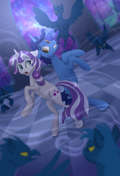 Size: 3250x4750 | Tagged: safe, artist:shaslan, imported from derpibooru, night light, twilight velvet, griffon, pegasus, pony, unicorn, fanfic:blown together: a night light & twilight velvet adventure, bipedal, female, flying, horn, male, mare, open mouth, rearing, spread wings, stained glass, stained glass window, stallion, wings