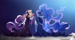 Size: 8221x4395 | Tagged: safe, artist:happypaca, imported from derpibooru, nightmare moon, nightmare rarity, alicorn, anthro, unicorn, absurd resolution, breasts, busty nightmare moon, busty nightmare rarity, choker, cleavage, clothes, commission, dress, duo, duo female, evening gloves, female, gloves, holding hands, jewelry, long gloves, necklace, pearl necklace, wingless, wingless anthro
