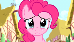 Size: 520x293 | Tagged: safe, imported from derpibooru, screencap, pinkie pie, earth pony, pony, pinkie pride, animated, crying, cute, diapinkes, fake smile, female, licking, long tongue, mare, one eye closed, ponyville, sad, smiling, solo, teary eyes, tongue out