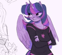 Size: 1516x1364 | Tagged: safe, artist:dulcesilly, imported from derpibooru, twilight sparkle, alicorn, anthro, crossed arms, cutie mark accessory, cutie mark necklace, female, jewelry, necklace, solo, twilight sparkle (alicorn)