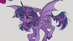 Size: 1306x735 | Tagged: safe, artist:dulcesilly, imported from derpibooru, twilight sparkle, alicorn, bat pony, bat pony alicorn, pony, bat ponified, bat wings, blood, fangs, floppy ears, horn, race swap, solo, twibat, twilight sparkle (alicorn), wings