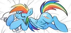 Size: 1107x516 | Tagged: safe, artist:muffinz, imported from derpibooru, rainbow dash, pegasus, pony, bed, cute, dashabetes, eyes closed, female, folded wings, lying down, mare, pillow, sleeping, smiling, solo, sweet dreams fuel, wings