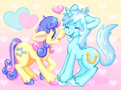 Size: 2048x1523 | Tagged: safe, artist:ibbledribble, imported from derpibooru, bon bon, lyra heartstrings, sweetie drops, earth pony, pony, unicorn, beanbrows, duo, eyebrows, female, heart, lesbian, lyrabon, nose to nose, shipping