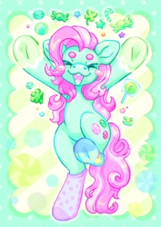 Size: 1448x2048 | Tagged: safe, artist:ibbledribble, imported from derpibooru, minty, pony, :3, :d, ><, beanbrows, candy, clothes, eyebrows, eyes closed, food, g3, hooves in air, open mouth, open smile, smiling, socks, solo