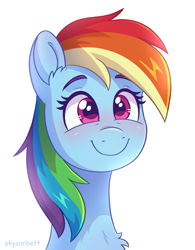 Size: 1127x1447 | Tagged: safe, artist:skysorbett, imported from derpibooru, rainbow dash, pony, bust, c:, female, g4, happy, mare, portrait, simple background, smiling, solo, white background