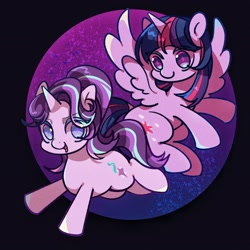 Size: 2048x2048 | Tagged: safe, artist:tkotu1, imported from derpibooru, starlight glimmer, twilight sparkle, alicorn, pony, unicorn, cute, duo, eye clipping through hair, eyebrows, eyebrows visible through hair, female, glimmerbetes, high res, horn, looking at you, mare, open mouth, open smile, smiling, smiling at you, sparkly eyes, spread wings, starry eyes, twiabetes, twilight sparkle (alicorn), wingding eyes, wings