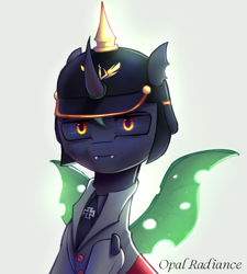 Size: 2561x2840 | Tagged: safe, artist:opal_radiance, imported from derpibooru, oc, changeling, clothes, helmet, iron cross, military, pickelhaube, solo, suit