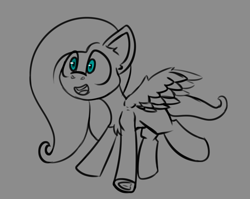 Size: 1067x848 | Tagged: safe, artist:cotarsis, imported from derpibooru, fluttershy, female, frog (hoof), gray background, grayscale, mare, monochrome, open mouth, open smile, partial color, simple background, smiling, solo, spread wings, underhoof, wings