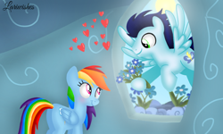 Size: 1200x720 | Tagged: safe, artist:mlplary6, imported from derpibooru, rainbow dash, soarin', pegasus, pony, blushing, butt, female, flower, flying, heart, looking at each other, looking at someone, male, mare, plot, rainbow dash's house, romantic, shipping, smiling, smiling at each other, soarindash, stallion, straight, sun, window