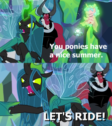 Size: 1280x1438 | Tagged: safe, edit, edited screencap, editor:incredibubbleirishguy, imported from derpibooru, screencap, cozy glow, lord tirek, queen chrysalis, changeling, the ending of the end, a bug's life, angry, bell, caption, female, filly, grogar's bell, image macro, male, meme, quote, reference, screencap comic, text