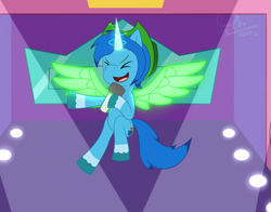 Size: 1767x1383 | Tagged: safe, artist:ismazhecat, imported from derpibooru, oc, oc only, oc:pumbi steps, pony, unicorn, artificial wings, augmented, coat markings, excited, flying, happy, magic, male, mane melody (location), raised hoof, singing, socks (coat markings), spread wings, stallion, unshorn fetlocks, wings