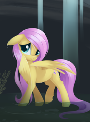 Size: 1694x2299 | Tagged: safe, artist:dusthiel, imported from derpibooru, fluttershy, pegasus, pony, blushing, cute, female, floppy ears, hair over one eye, hiding behind wing, hock fluff, looking away, mare, shyabetes, solo, walking, water, wet, wet mane, wings