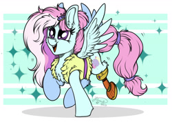 Size: 1920x1358 | Tagged: safe, artist:julunis14, imported from derpibooru, kerfuffle, pegasus, pony, amputee, chest fluff, female, mare, prosthetic leg, prosthetic limb, prosthetics, smiling, solo, spread wings, wings