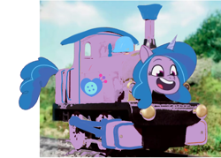 Size: 2100x1500 | Tagged: safe, artist:allahda, edit, editor:allahda, imported from derpibooru, izzy moonbow, unicorn, 1000 hours in ms paint, bad edit, g5, my little pony: tell your tale, thomas the tank engine, train, wat