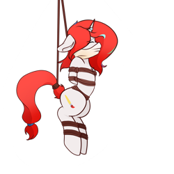 Size: 1080x1080 | Tagged: artist needed, safe, imported from derpibooru, oc, oc only, oc:shallow light, pony, unicorn, bondage, cloth gag, eyes closed, female, floppy ears, gag, helpless, horn, horn ring, mare, over the nose gag, ring, simple background, solo, suspended, suspension bondage, tied up, transparent background, white background