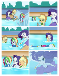 Size: 1024x1304 | Tagged: safe, artist:serisabibi, imported from derpibooru, applejack, rainbow dash, rarity, equestria girls, boots, breasts, clothes, cowboy boots, cowboy hat, hat, legs together, parachute dress, paraskirt, shoes, splash, swimming, swimming pool, underwater, water, wet clothes