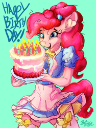 Size: 2400x3200 | Tagged: safe, artist:br0via, imported from derpibooru, pinkie pie, anthro, cake, clothes, dress, food, solo, stockings, thigh highs