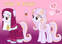 Size: 2865x2020 | Tagged: safe, artist:friendshipizfucked, imported from derpibooru, oc, oc only, oc:prim n proper, earth pony, pony, base used, blank flank, female, gradient background, mare, nun, offspring, parent:suri polomare, parent:svengallop, reference sheet, solo