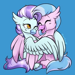 Size: 2048x2048 | Tagged: safe, artist:twisted-sketch, imported from derpibooru, silverstream, oc, oc:ocean breeze (savygriffs), classical hippogriff, hippogriff, blushing, canon x oc, commission, cuddling, female, finished commission, hippogriff oc, hug, lesbian, looking at each other, looking at someone, oceanstream, shipping, smiling, smiling at each other, winghug, wings