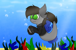 Size: 3960x2604 | Tagged: safe, artist:nhale, imported from derpibooru, oc, oc:razor uniboop, hippogriff, hybrid, merpony, seapony (g4), bubble, clothes, coral, dorsal fin, fin, fin wings, fins, fish tail, green eyes, happy, ocean, seaweed, solo, swimming, tail, underwater, water, wings