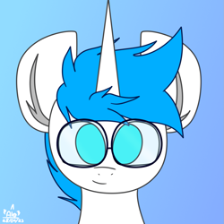 Size: 1229x1229 | Tagged: safe, artist:nhale, imported from derpibooru, oc, oc:nhale, unicorn, big ears, blue eyes, blue mane, bust, glasses, happy, looking at you, male, nhale o jogador de free fire, portrait, profile picture, simple background, stallion