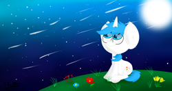 Size: 1920x1020 | Tagged: safe, artist:nhale, imported from derpibooru, oc, oc:nhale, unicorn, big ears, blue eyes, blue mane, flower, grass, night, shooting star, silly, sitting, stargazing, starry night, stars