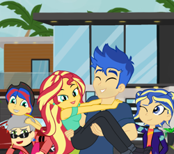 Size: 2692x2383 | Tagged: safe, artist:yingerten, imported from derpibooru, flash sentry, sunset shimmer, equestria girls, female, flashimmer, male, mother's day, offspring, older flash sentry, older sunset, parent:flash sentry, parent:sunset shimmer, parents:flashimmer, shipping, straight