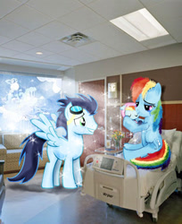 Size: 600x736 | Tagged: safe, artist:yoshi123pegasister, imported from derpibooru, rainbow dash, soarin', oc, oc:cloud dash, pegasus, pony, baby, baby pony, bed, crying, female, filly, foal, male, mare, mother and child, mother and daughter, newborn, offspring, parent:rainbow dash, parent:soarin', parents:soarindash, shipping, sitting, soarindash, stallion, straight, tears of joy