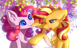 Size: 2865x1794 | Tagged: safe, alternate version, artist:yuris, imported from derpibooru, pinkie pie, sunset shimmer, earth pony, pony, unicorn, biting, chest fluff, duo, ear bite, ear fluff, ears back, ears up, flower, leaves, open mouth, simple background, smiling, white background, wisteria