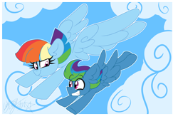 Size: 3000x2000 | Tagged: safe, artist:ladylullabystar, imported from derpibooru, rainbow dash, oc, oc:storm streak, pegasus, pony, flurry heart's story, colt, commission, female, flying, foal, male, mother and child, mother and son, offspring, parent:oc:thunderhead, parent:rainbow dash, parents:canon x oc