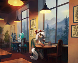 Size: 1835x1500 | Tagged: safe, artist:koviry, imported from derpibooru, oc, oc only, earth pony, pony, unicorn, cafe, chair, commission, cup, drawing, earth pony oc, fog, forest, hat, horn, indoors, lamp, mountain, plant, scenery, sitting, table, trio, unicorn oc, window