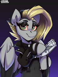 Size: 1350x1800 | Tagged: safe, artist:shadowreindeer, imported from derpibooru, oc, oc:tlen borowski, pegasus, pony, clothes, ear piercing, earring, gun, handgun, jacket, jewelry, leather, leather jacket, piercing, pistol, solo, trade, weapon