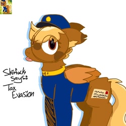 Size: 1080x1080 | Tagged: safe, artist:swordstinkyfish, imported from derpibooru, pegasus, pony, clothes, female, folded wings, forced meme, hat, mare, red eyes, shitfuck meme, simple background, sketch, swift reply, tax evasion, tongue out, uniform, vulgar, white background, wings