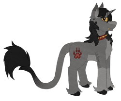 Size: 2821x2370 | Tagged: safe, artist:lil_vampirecj, imported from derpibooru, oc, oc only, pony, unicorn, artfight, chest fluff, collar, digital, digital art, dtpay, fangs, full body, horn, mane, paw print, simple background, solo, spiked collar, transparent background