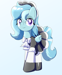 Size: 1667x2000 | Tagged: safe, artist:trackheadtherobopony, imported from derpibooru, oc, oc only, oc:cinny, pegasus, pony, blue background, clothes, folded wings, looking at you, maid, maid headdress, simple background, solo, wings