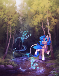 Size: 2800x3592 | Tagged: safe, artist:jsunlight, artist:koviry, imported from derpibooru, oc, oc only, pegasus, pony, collaboration, cute, cute little fangs, fangs, forest, leonine tail, river, solo, tail, water