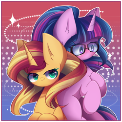 Size: 2400x2400 | Tagged: safe, artist:miryelis, imported from derpibooru, sci-twi, sunset shimmer, twilight sparkle, pony, unicorn, equestria girls, big ears, blushing, cute, female, glasses, gradient background, lesbian, long hair, scitwishimmer, shipping, smiling, sunsetsparkle