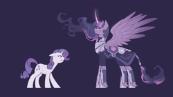 Size: 4096x2304 | Tagged: safe, artist:evelili, imported from derpibooru, rarity, twilight sparkle, alicorn, unicorn, alternate universe, armor, blue background, curved horn, fanfic art, horn, leonine tail, scar, simple background, size difference, tail, teary eyes, twilight sparkle (alicorn)