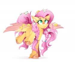 Size: 2048x1707 | Tagged: safe, artist:buvanybu, imported from derpibooru, fluttershy, bird, pegasus, pony, alternate hairstyle, braid, chick, colored hooves, colored wings, ear fluff, female, flower, flower in hair, flower in tail, looking at something, looking up, mare, raised hoof, raised leg, simple background, sitting on head, sitting on wing, solo, spread wings, tail, two toned wings, unshorn fetlocks, white background, wings
